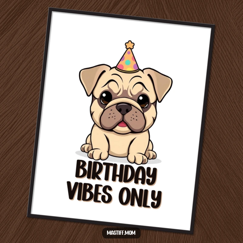 Funny Kawaii Mastiff Puppy Poster art of a sweet puppy wearing a small, delightfully crooked party hat with pride.