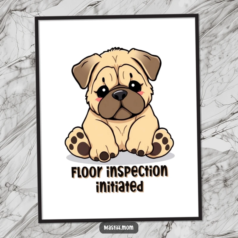Funny Kawaii Mastiff puppy tripping over its own giant paws, displayed vibrantly as wall art, a funny gift idea.