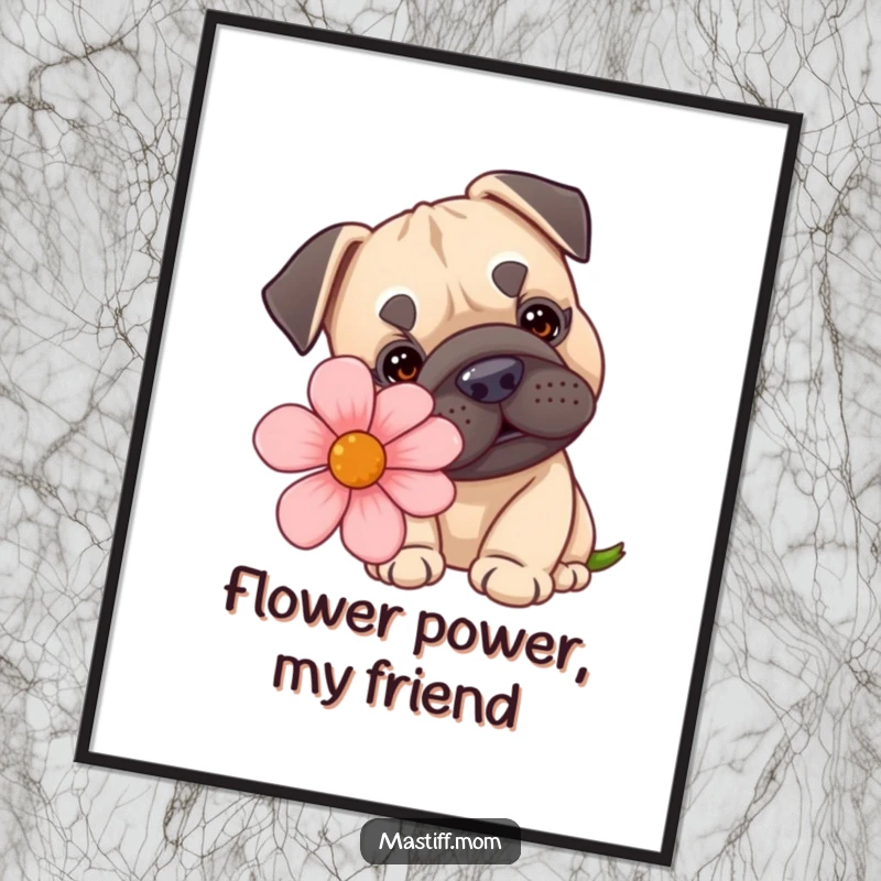 Funny, high-quality poster print of a kawaii Mastiff with wide eyes sniffing a comically giant flower, adding whimsy to any wall.