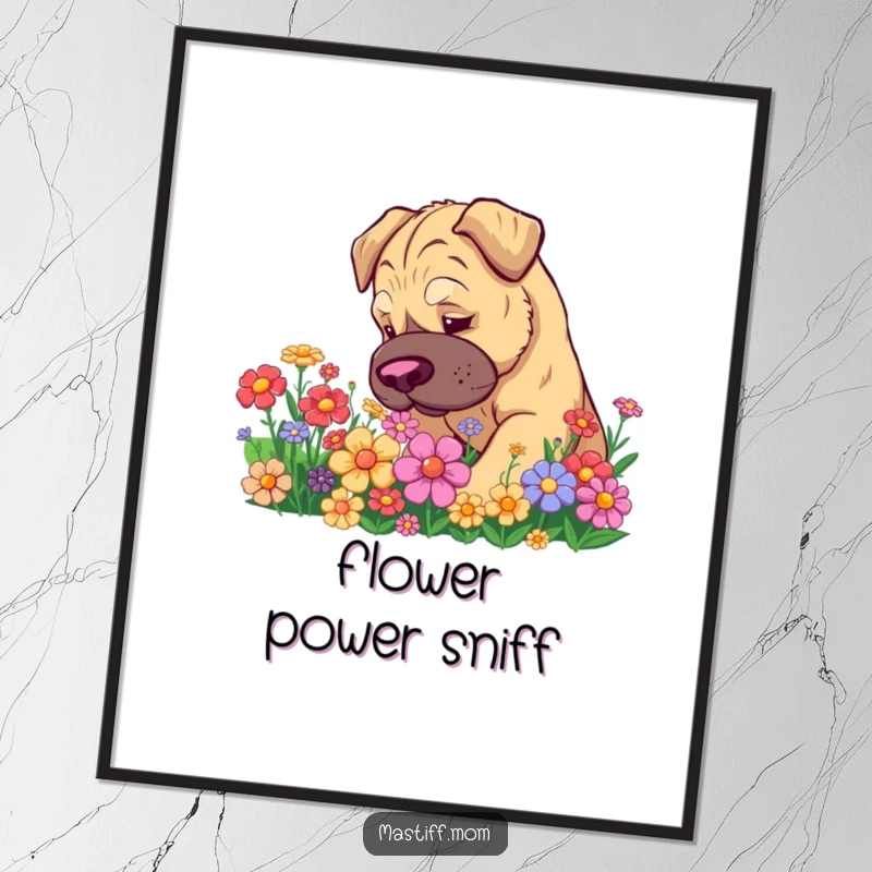 Funny Kawaii Mastiff Poster: Cute dog curiously sniffing a patch of vibrant flowers, adding a humorous touch to any room.
