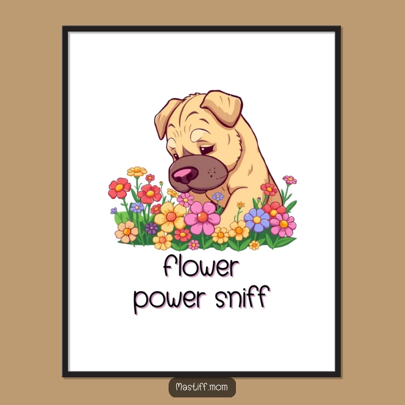 Funny Kawaii Mastiff Poster - Adorable Flower Sniffing Wall Art Gift