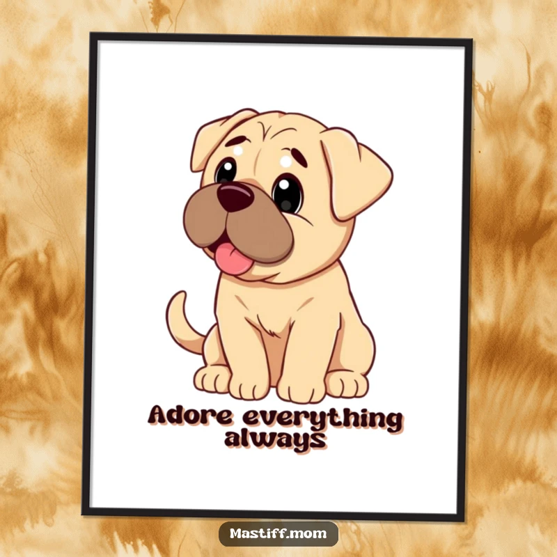 Funny Mastiff dog looking with pure adoration and a wagging tail, presented as a heartwarming poster.