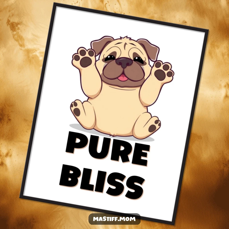 Funny Kawaii Mastiff Rolling Onto Back Paws in Air Poster, cute wall art, silly dog illustration, humorous pet portrait.