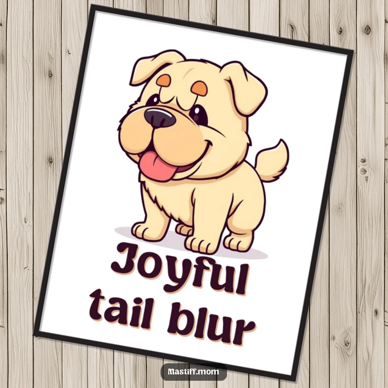 Funny Kawaii Mastiff poster, capturing a dog panting with glee and wagging its tail powerfully, embodying infectious canine excitement.