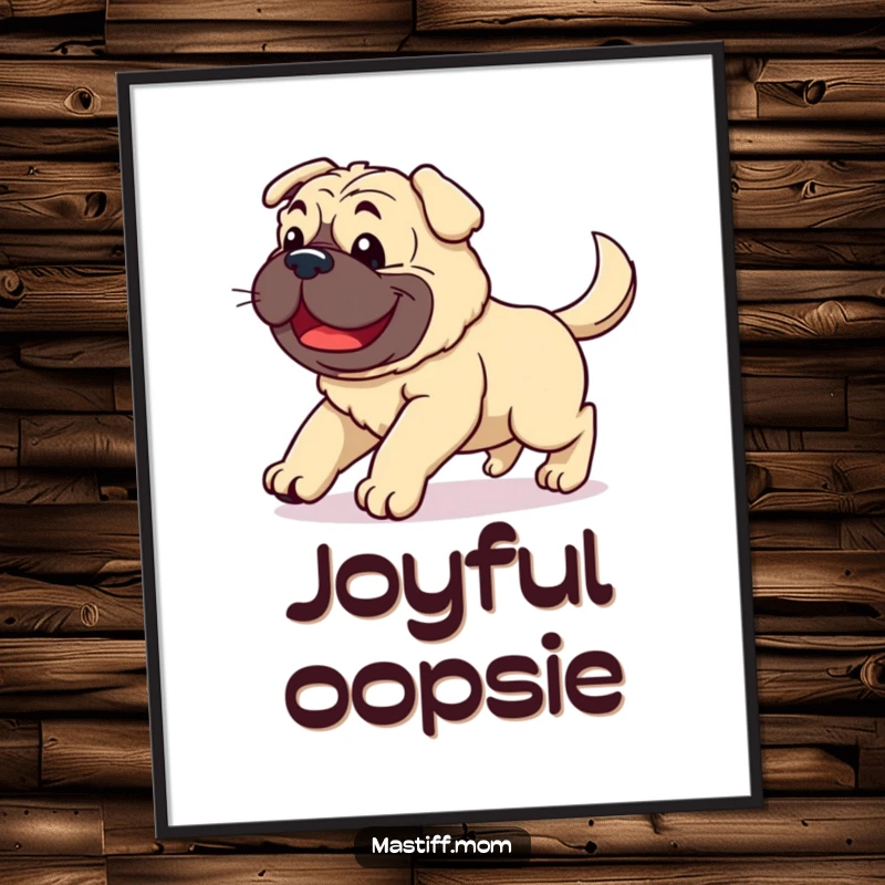 Funny Kawaii Mastiff poster featuring a clumsy, joyful dog stumbling with a happily wagging tail, celebrating the beauty of imperfection.