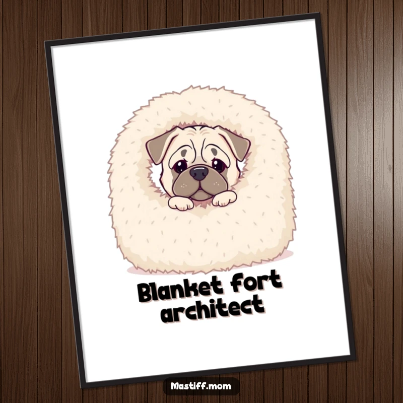 Funny Kawaii Mastiff poster featuring a curious dog inquisitively peeking from behind a giant, soft, fluffy blanket, creating a sense of wonder.