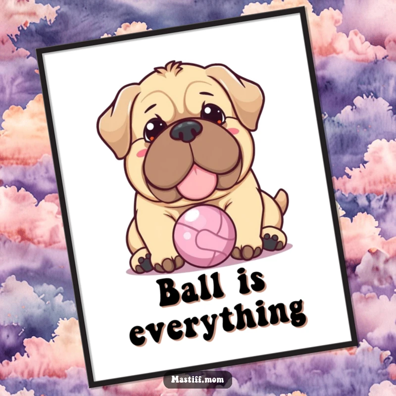 Funny Kawaii Mastiff poster depicting a dog with a warm expression gently nudging a tiny ball, adding a touch of sweet, humorous art.