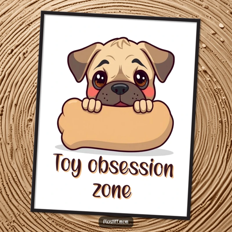 Funny Kawaii Mastiff Puppy Poster showing a cute dog peeking curiously from behind an oversized chew toy, creating a humorous display.