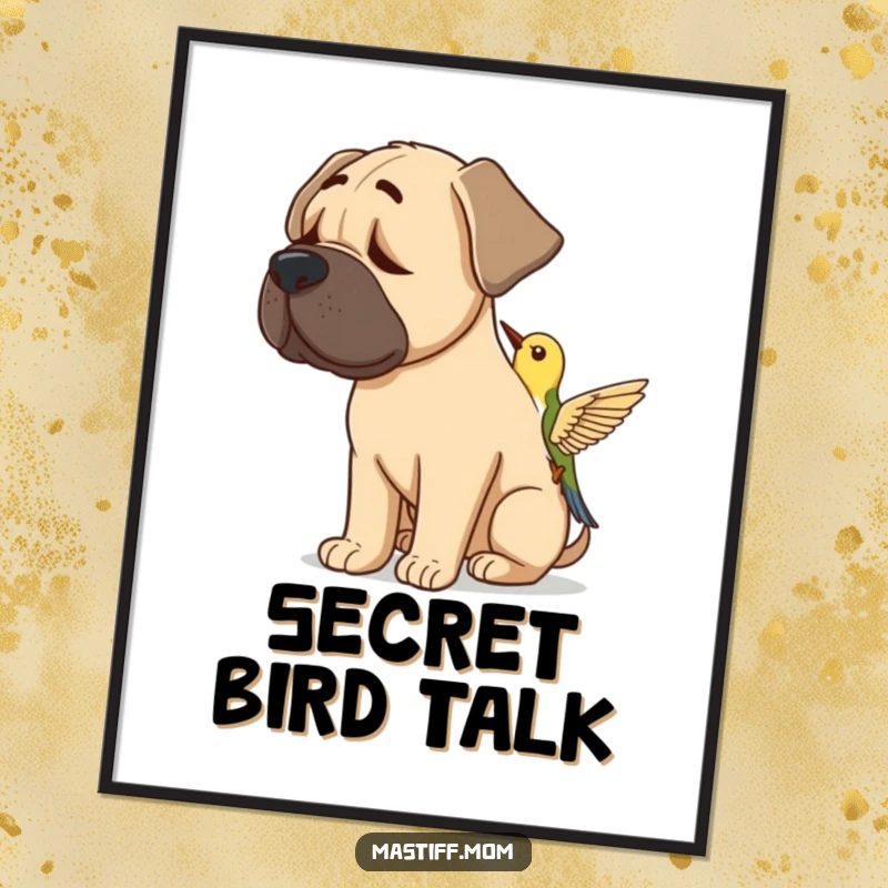 Funny Mastiff Bird Listener Poster: A dog’s head angled, showing rapt attention to a small bird singing nearby.