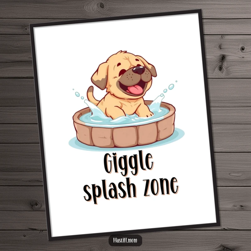 Funny Mastiff cub poster depicting a puppy gleefully giggling and splashing water, creating a scene of pure, wet fun.