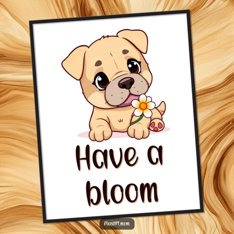 Funny Mastiff poster featuring a gentle, playful dog with kind eyes offering a delicate, beautiful flower.