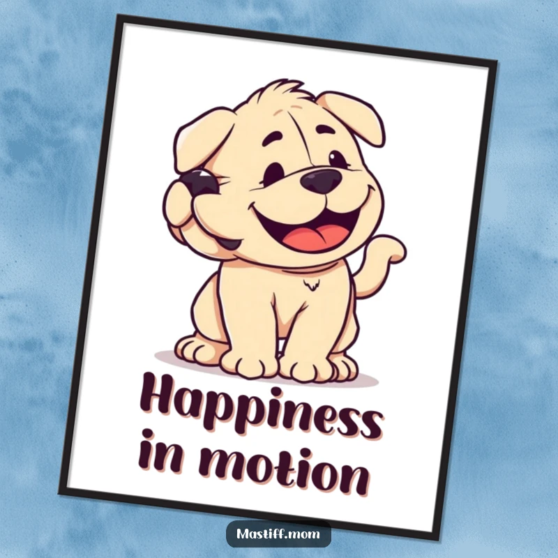 Funny, high-quality poster print of a smiling kawaii Mastiff wagging its tail with immense, comical power, radiating pure joy.