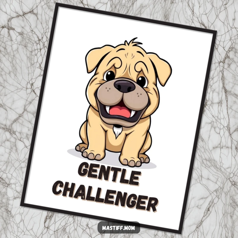 Funny Kawaii Mastiff Playful Growl Ready for Game Poster, cute wall art, gentle giant dog illustration, humorous pet portrait.