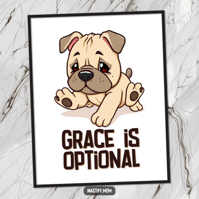 Funny Kawaii Mastiff Puppy Poster with a cute, clumsy dog tripping over its paws, adding humor to wall decor.