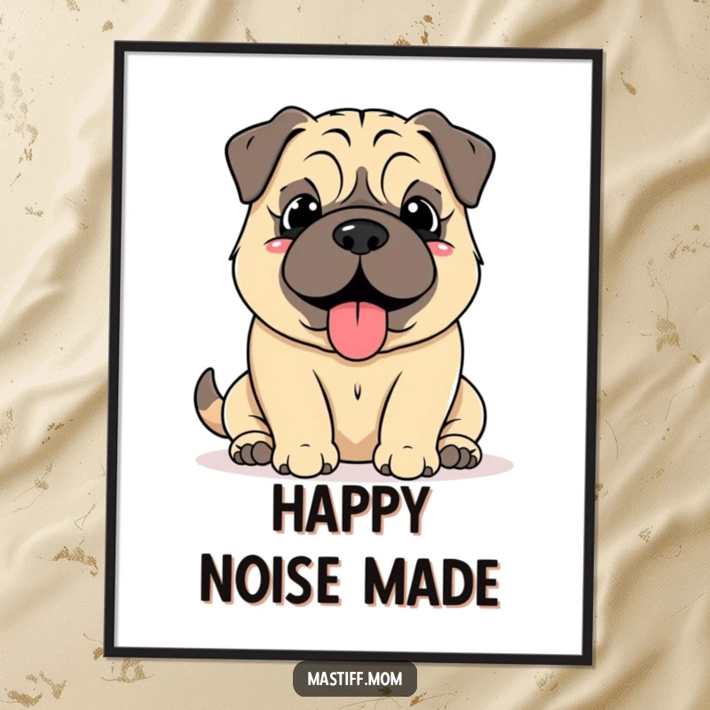Funny Mastiff Grumble Poster, depicting a kawaii mastiff with a soft, happy grumble, adding tranquil humor and charm to decor.