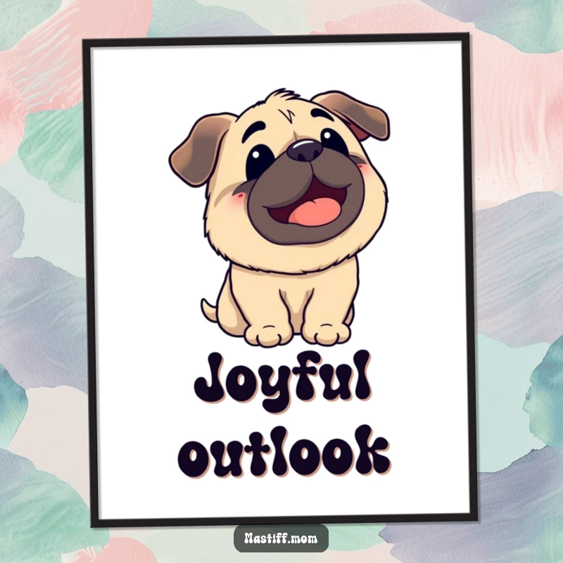 Funny Kawaii Mastiff Panting Looking Up at Sky Poster, cute wall art, happy dog illustration, humorous pet portrait.