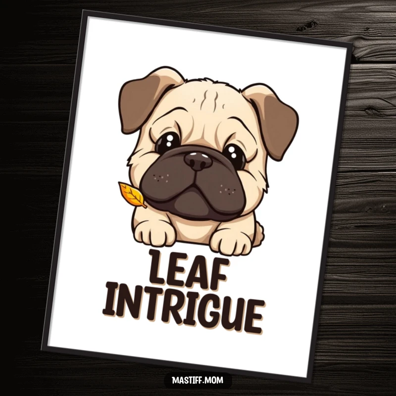 Funny Kawaii Mastiff poster, curious head tilt, watching a falling leaf, bringing gentle curiosity and autumnal charm to any room.