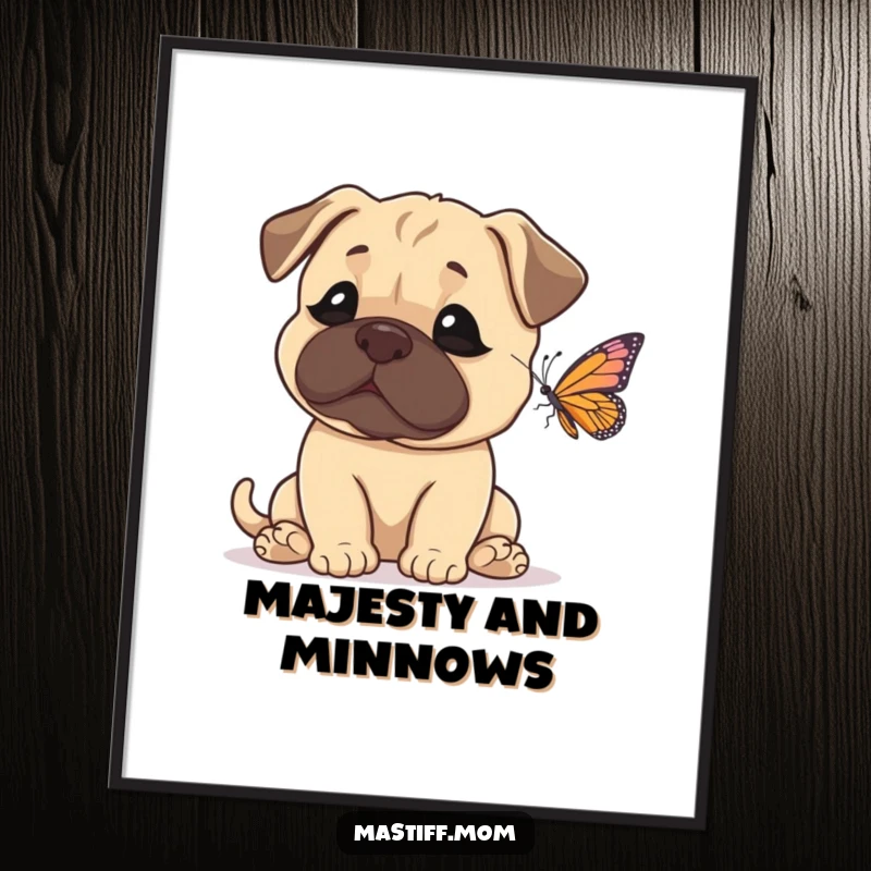 Funny Mastiff Poster featuring a dog’s comical expression of amazement at a tiny, beautiful butterfly in flight.