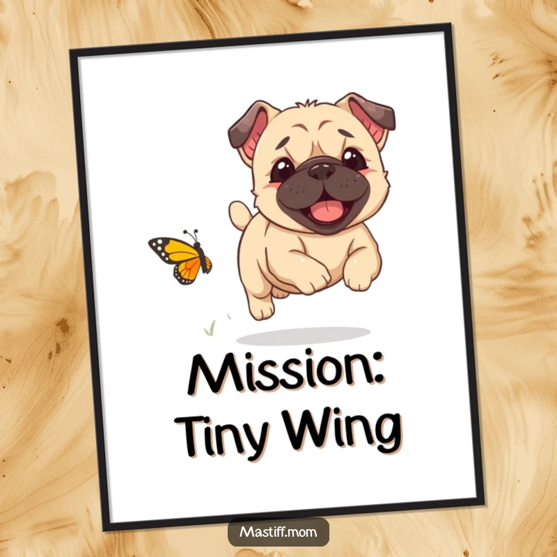 Funny Kawaii Mastiff puppy joyfully chasing a small butterfly, as a charming poster, a delightful funny gift.
