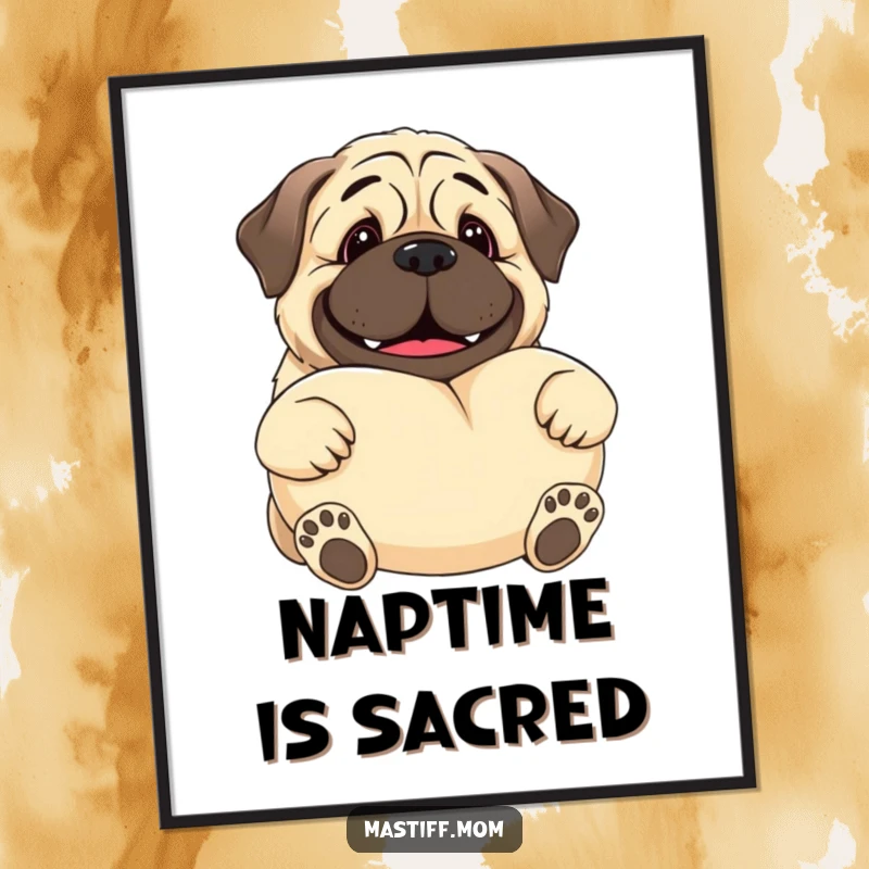 Funny Kawaii Mastiff poster featuring a smiling gentle giant dog offering a very large, soft pillow, creating a cozy and inviting atmosphere.