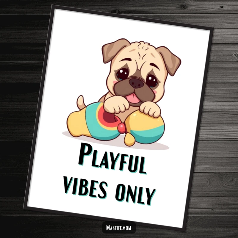 Funny Kawaii Mastiff Puppy Poster with a cute dog playfully nudging a toy, adding heartwarming charm to decor.