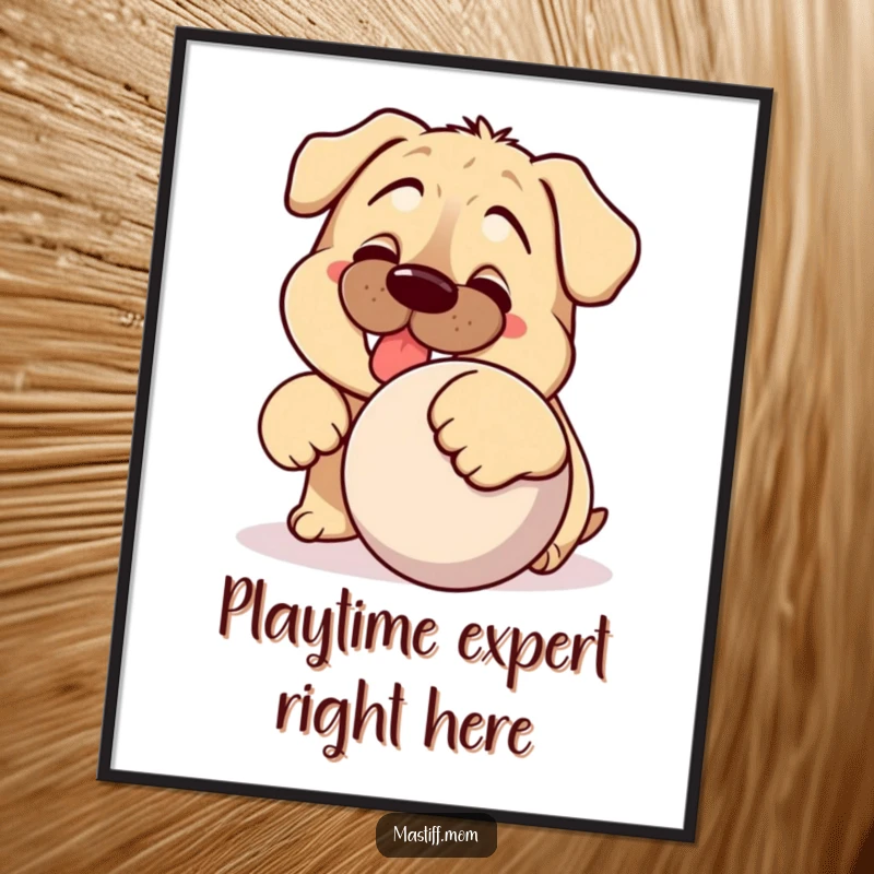 Funny Kawaii Mastiff poster, depicting a happy dog with a silly grin actively nudging a large ball, vibrant wall art.