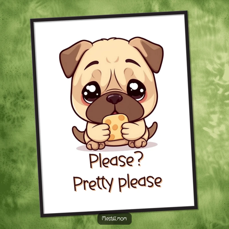 Funny Mastiff Treat Poster, depicting a kawaii mastiff with large, pleading eyes, holding one treat, adding emotional humor to decor.