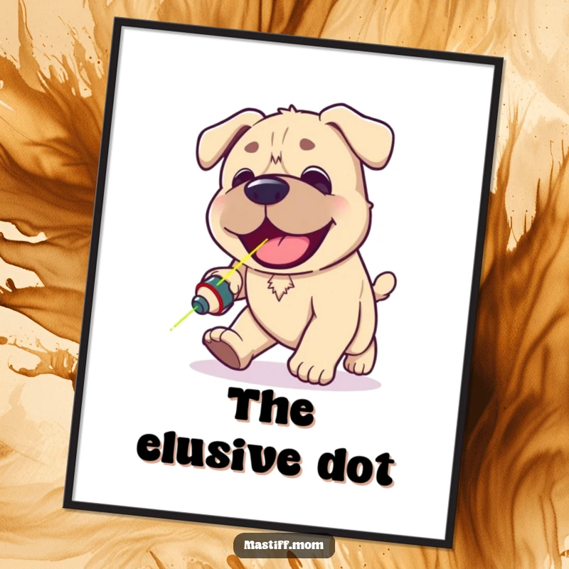 Funny Kawaii Mastiff poster capturing a happy panting dog with focused eyes, comically chasing a small red laser pointer dot.