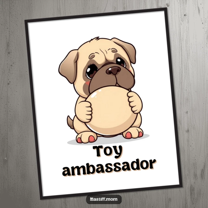 Funny Kawaii Mastiff poster, showing a kind-faced dog offering a large squeaky toy, exuding sweetness and innocent playfulness.