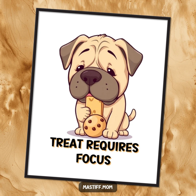 Funny Kawaii Mastiff Poster: A cute, plump dog concentrating on balancing a treat on its snout, perfect for whimsical wall decor.