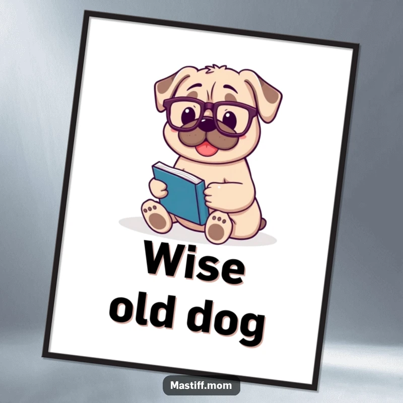 Funny Mastiff poster featuring a happy, contented dog wearing reading glasses and holding an open book.