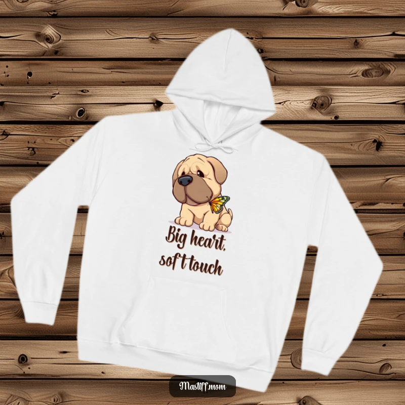 Funny Hoodie illustrating a giant, gentle Mastiff happily nuzzling a tiny, fluttering butterfly, showcasing incredible tenderness.