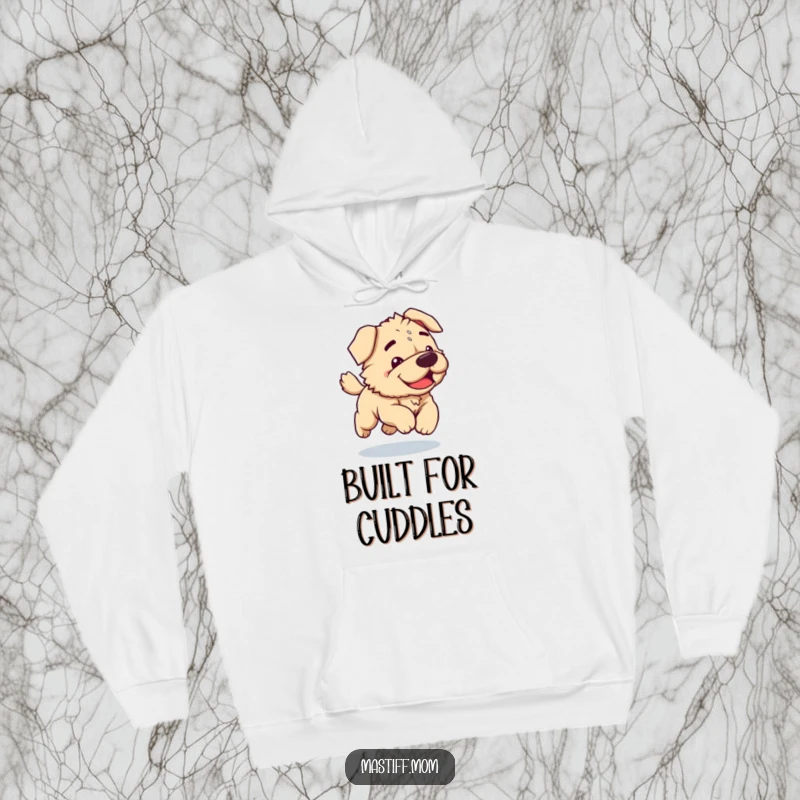 Funny Kawaii Mastiff hoodie depicting a clumsy dog joyfully bounding with enthusiasm, radiating warmth and humorous canine energy.