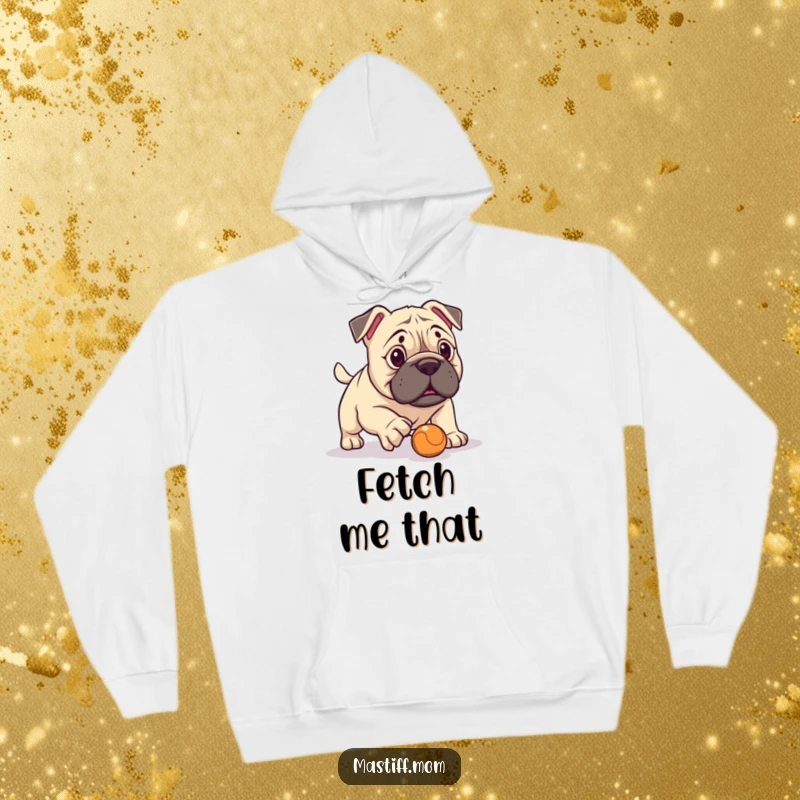 Funny Kawaii Mastiff Hoodie, comically trying to play fetch with a tiny ball, ideal for cozying up. A humorous and warm apparel item.