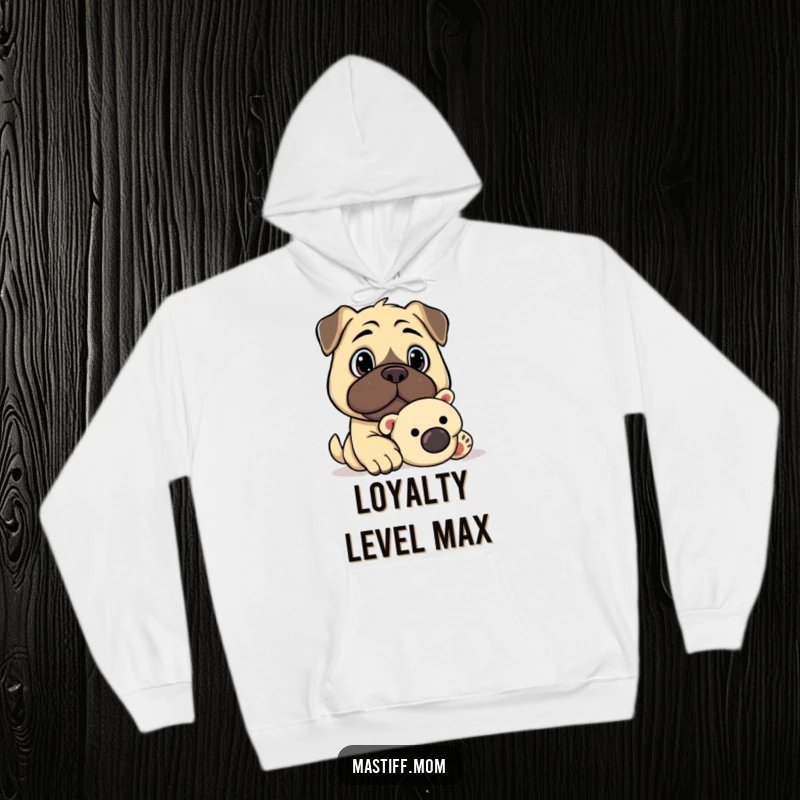 Funny Kawaii Mastiff Watchful Gaze Guarding Plush Toy Hoodie, warm pet-themed apparel, cute dog illustration, perfect gift for Mastiff lovers.
