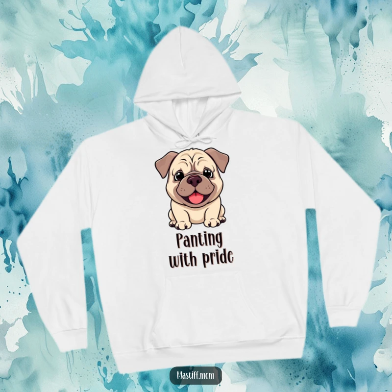 Funny Kawaii Mastiff Hoodie, depicted panting happily with a droopy smile, perfect for cozying up in comfort. A humorous and warm apparel item.