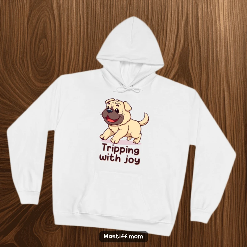 Funny Kawaii Mastiff hoodie showing a clumsy joyful dog stumbling with a happy wagging tail, perfect for cozy, carefree moments.