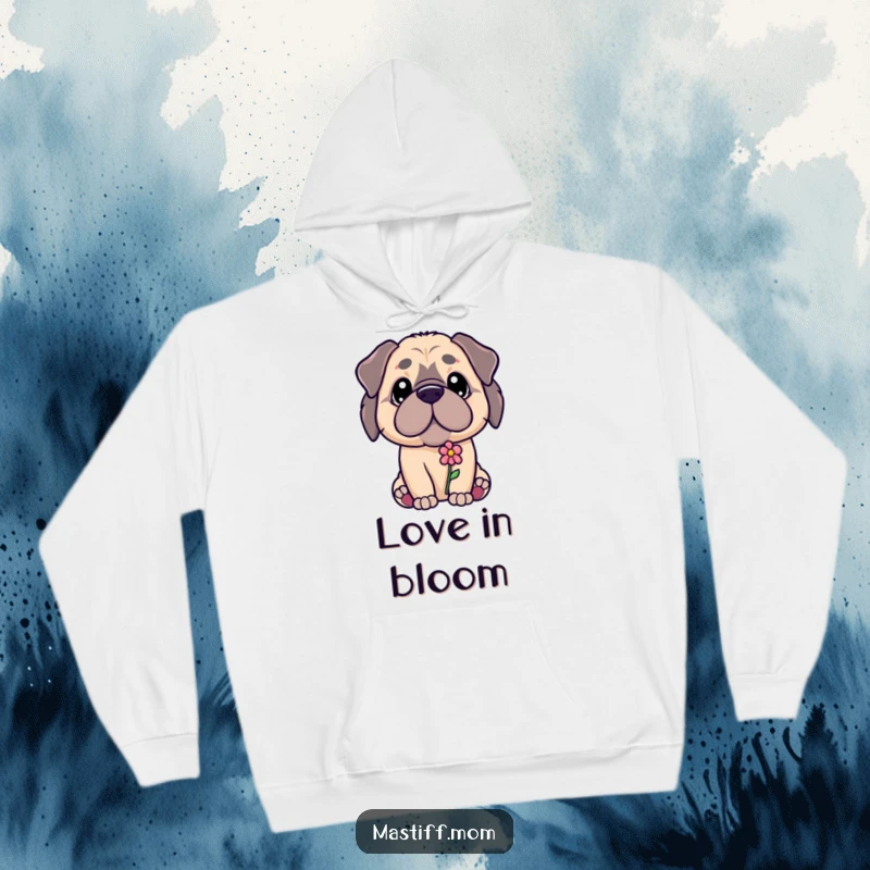 Funny Kawaii Mastiff puppy with a gentle gaze offering a tiny flower, on a cozy hoodie, a thoughtful funny gift.