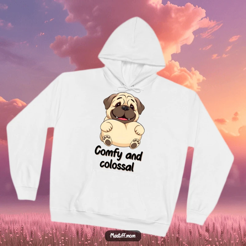 Funny Kawaii Mastiff hoodie depicting a smiling gentle giant dog presenting an enormous, soft pillow, perfect for cozy days.