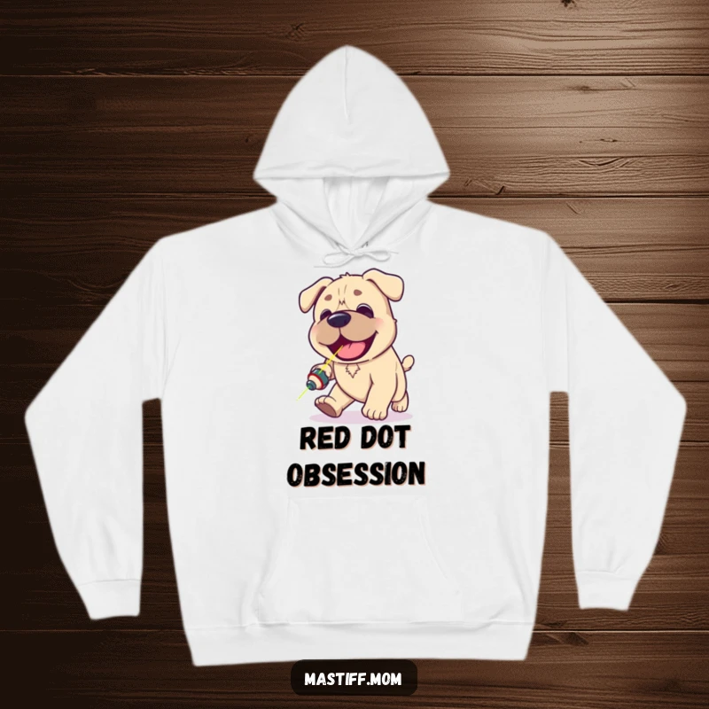 Funny Kawaii Mastiff hoodie showing a happy panting dog intensely pursuing a red laser pointer dot, perfect for active warmth.