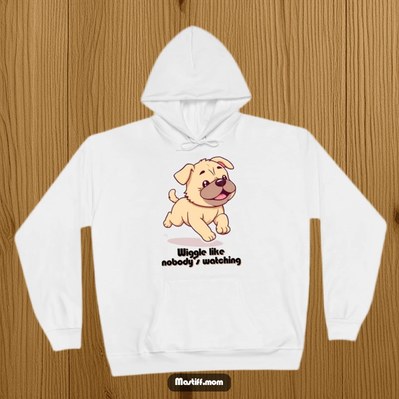 Funny Kawaii Mastiff Puppy Hoodie featuring a cute, energetic dog running with wiggles, offering warmth and fun.