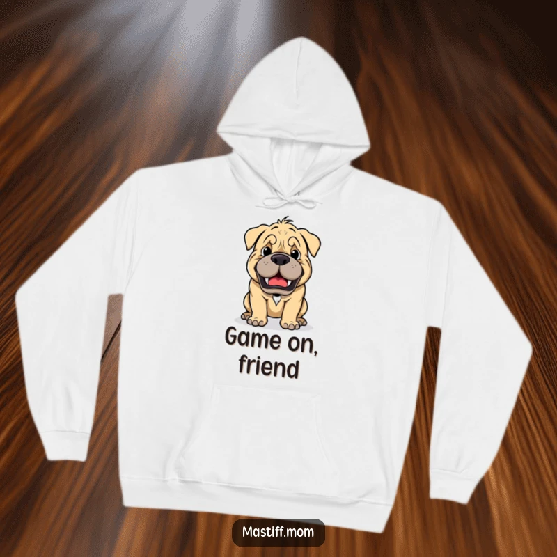 Funny Kawaii Mastiff Playful Growl Ready for Game Hoodie, warm pet-themed apparel, cute dog illustration, perfect gift for Mastiff lovers.