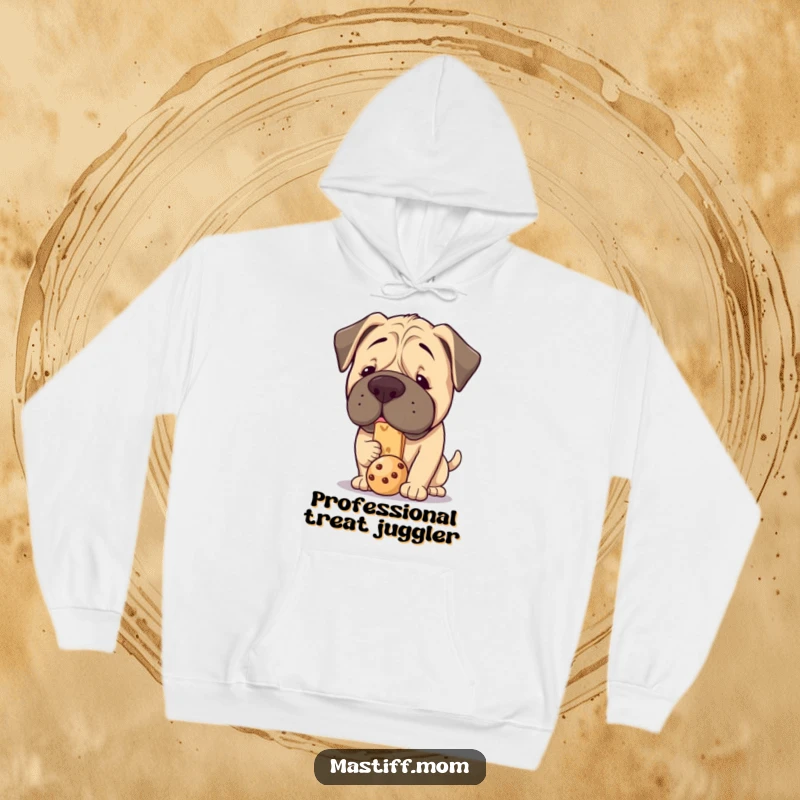 Funny Kawaii Mastiff Hoodie: A chubby, cute mastiff concentrating intensely on balancing a treat on its nose, set for cozy wear.