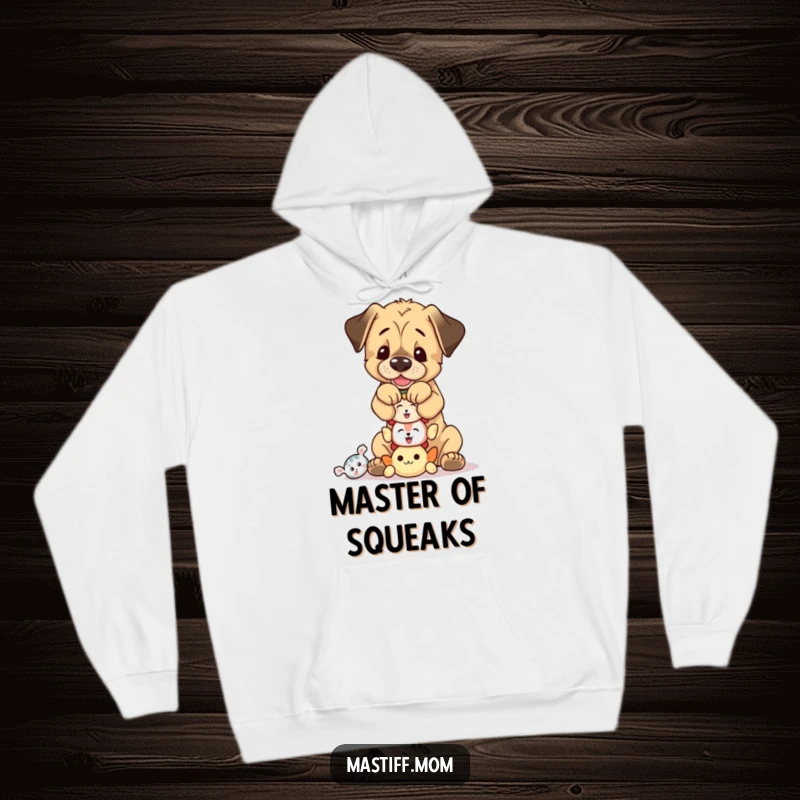 Funny, playful Mastiff cub balancing a stack of tiny squeaky toys, a cozy and heartwarming hoodie design.