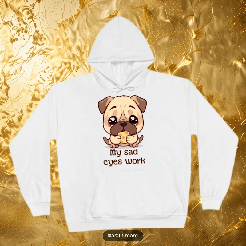 Funny Mastiff Treat Hoodie, showing a kawaii mastiff with large, pleading eyes, holding one treat, perfect for cozying up.
