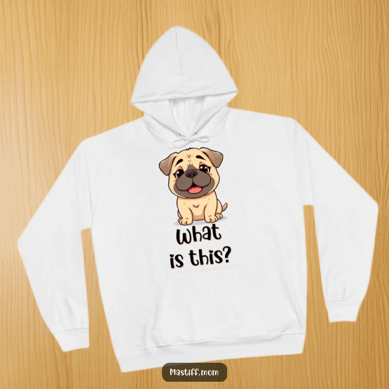 Funny, comfortable hoodie featuring a kawaii Mastiff with a slightly bewildered but happy expression, perfect for cozying up.