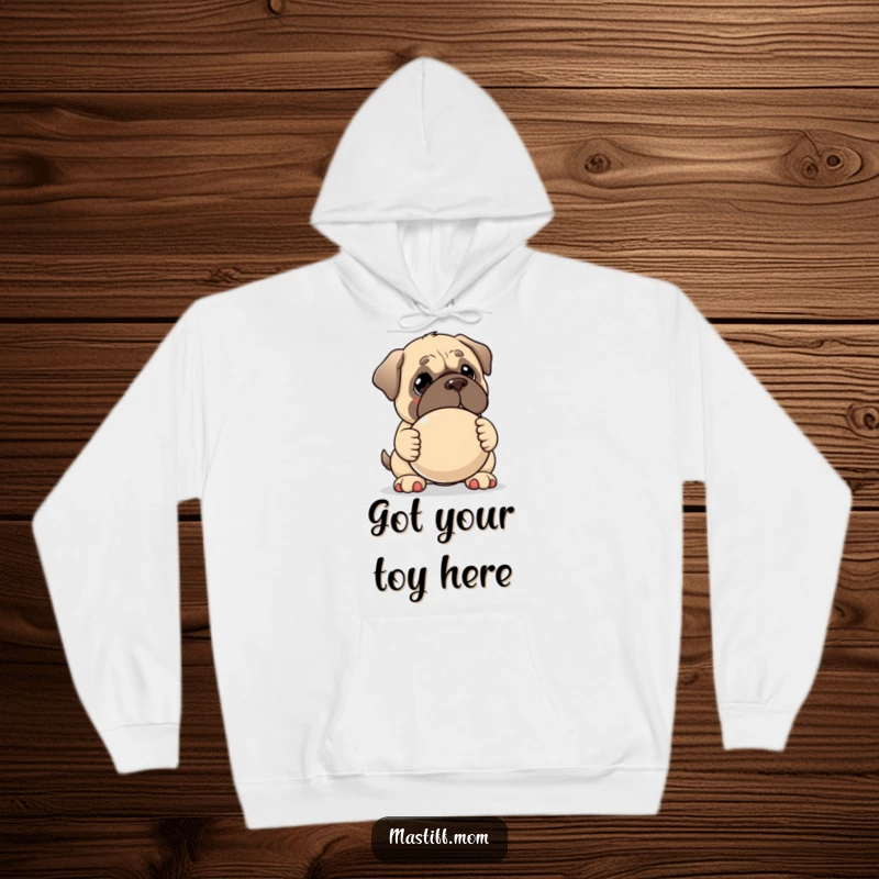 Funny Kawaii Mastiff hoodie, depicting a sweet dog offering a giant squeaky toy, embodying comfort and gentle playfulness.