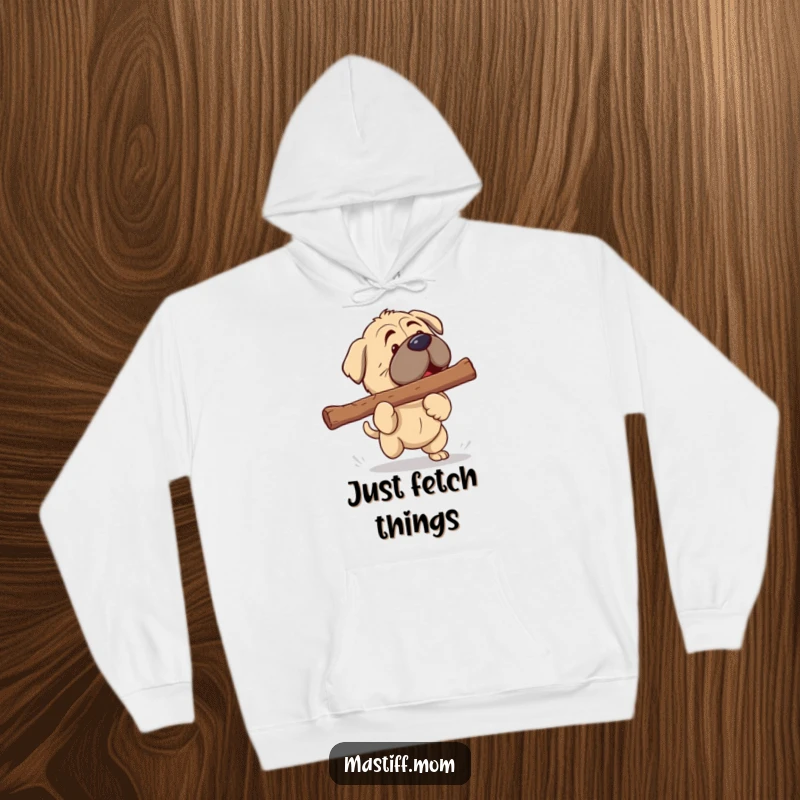 Funny Mastiff Hoodie: A happy kawaii Mastiff with a rumbling sound, enthusiastically fetching a massive stick.