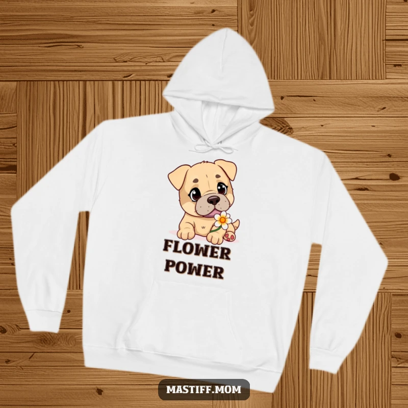 Funny Mastiff hoodie with a playful, kind-eyed dog gently presenting a beautiful flower.