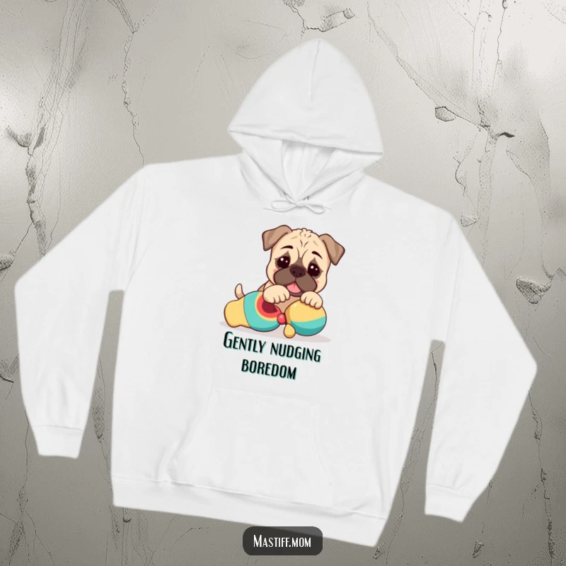 Funny Kawaii Mastiff Puppy Hoodie featuring a cute dog playfully nudging a toy, offering warmth and charming playfulness.